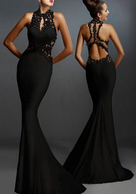 Schwarze Spitze Flickwerk Elegantes Rückenfrei Lang AbendKleid. 